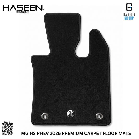 Haseen MG HS PHEV carpet driver floor mat flat view with MG Hybrid logo tag and OEM eyelet holes