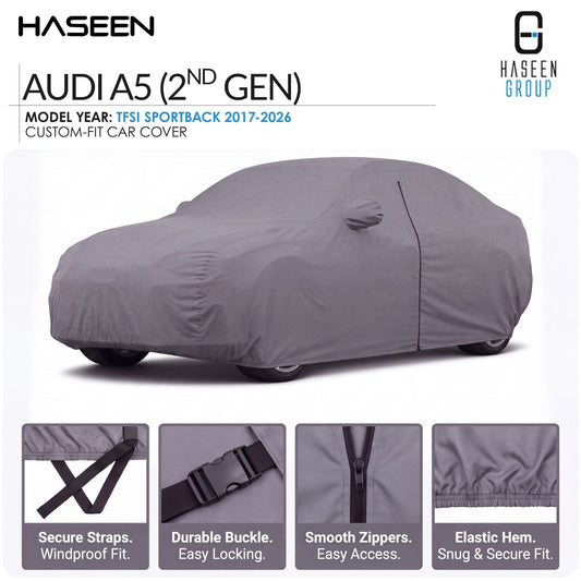 A gray custom-fit car cover fitted over an Audi A5 (2nd Gen) car, shown on a white background with feature callouts and close-up detail panels at the bottom. The Haseen brand logo is visible at the top.