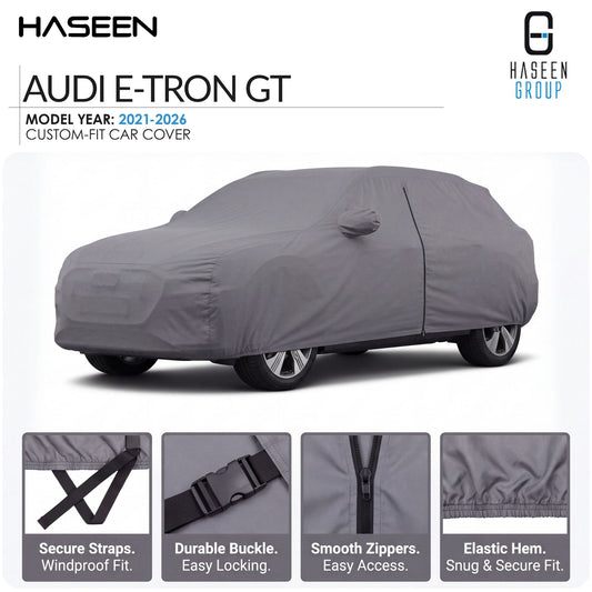 A gray custom-fit car cover shown on an Audi E-TRON GT, with HASEEN branding and feature callouts along the bottom.