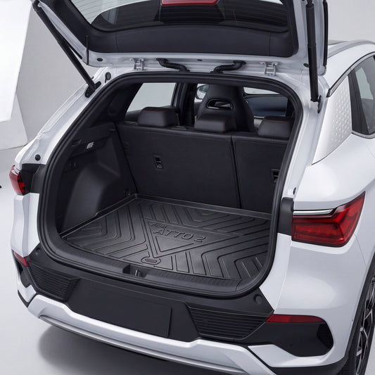 Black custom-fit trunk mat installed in the boot of a BYD Atto 2 electric SUV