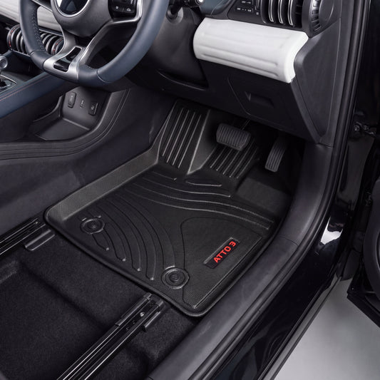 Haseen BYD Atto 3 9D TPE car floor mats installed – black textured waterproof EV mats, Pakistan