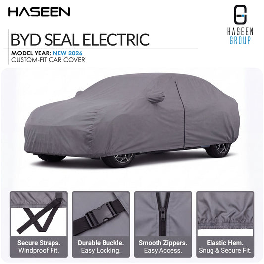 A gray car cover fitted over a sedan, shown on a white background with HASEEN branding and feature callouts. The image includes text reading 'BYD SEAL ELECTRIC', 'MODEL YEAR: NEW 2026', and four small inset detail images at the bottom highlighting straps, buckle, zippers, and hem.
