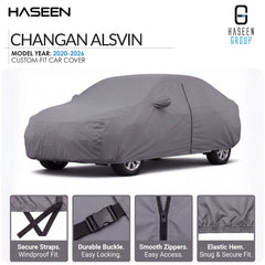 A custom-fit gray car cover shown on a white background, with the text 'CHANGAN ALSVIN' and 'HASEEN GROUP' at the top, plus four feature callout panels along the bottom describing secure straps, durable buckle, smooth zippers, and elastic hem.