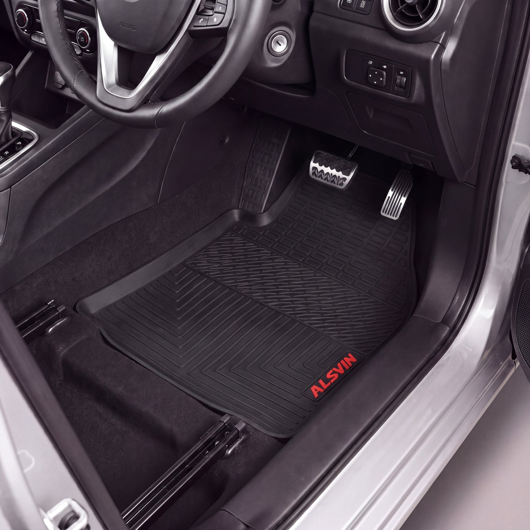 Haseen Changan Alsvin 2021-2024 latex rubber PVC car floor mats installed in car – black custom fit anti-slip mats with red Alsvin logo, Pakistan