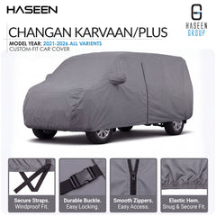A gray car cover fitted on a vehicle, shown on a white background with HASEEN branding and feature callouts along the bottom. The text reads 'CHANGAN KARVAAN/PLUS' and 'MODEL YEAR: 2021-2026 ALL VARIANTS'.
