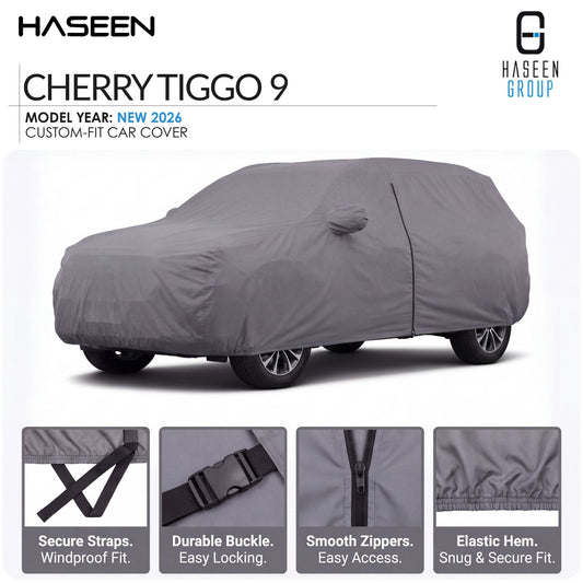 A gray custom-fit car cover shown on a car in a studio-style listing graphic for Haseen Cherry Tiggo 7, with feature callout panels along the bottom highlighting secure straps, durable buckle, smooth zippers, and elastic hem.