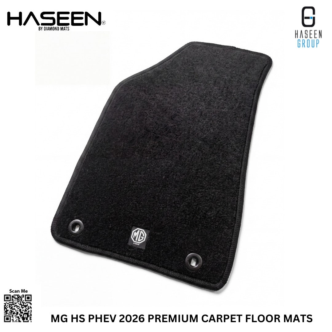 Haseen MG HS PHEV front carpet floor mat angled view showing anti-slip spikes backing and stitched edging