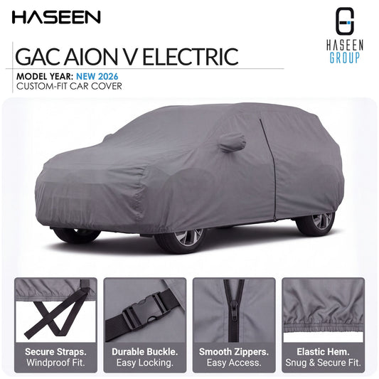 A gray custom-fit car cover shown on a car silhouette, with HASEEN branding and text for a Kia Grand Karnival model year 2021-2026 cover. Four feature callout panels at the bottom highlight secure straps, durable buckle, smooth zippers, and elastic hem.