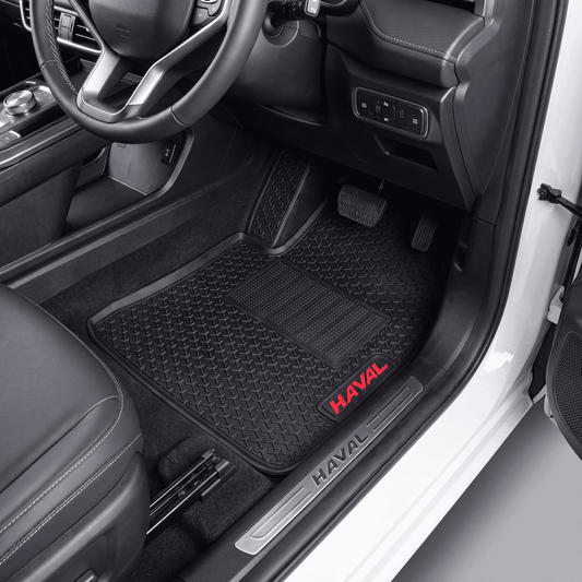 Haseen GWM Haval H6 2022-2024 latex rubber PVC car floor mats installed – black mats with red Haval logo, Pakistan