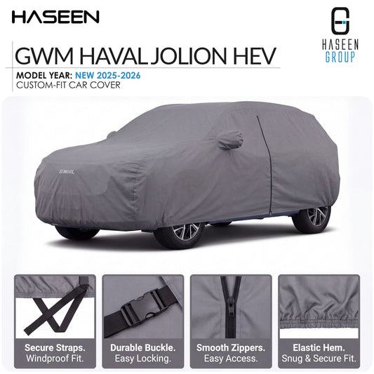 A gray custom-fit car cover shown on a car silhouette, with HASEEN branding and text reading 'GWM HAVAL JOLION HEV' and feature callouts along the bottom.