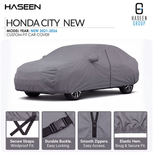 A gray custom-fit car cover shown on a white background, with the text 'HASEEN HONDA CITY NEW' at the top and four feature callout panels along the bottom describing secure straps, durable buckle, smooth zippers, and elastic hem.