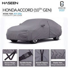 A gray custom-fit car cover shown draped over a Honda Accord (10th Gen) from 2019-2026. The image features the Haseen brand logo, product title text, and four detail inset images at the bottom highlighting the secure straps, durable buckle, smooth zippers, and elastic hem.