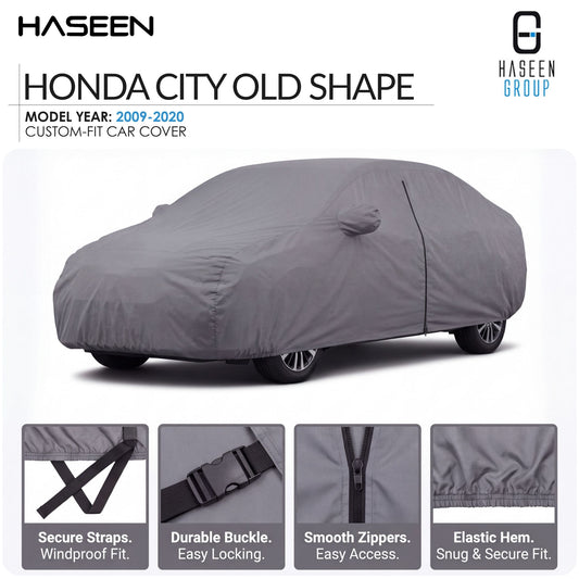 A gray custom-fit car cover shown on a car in a studio-style listing graphic for Haseen Honda City Old Shape. The image includes the Haseen Group logo, model year text (2009-2020), and four feature callout panels at the bottom highlighting secure straps, durable buckle, smooth zippers, and elastic hem.