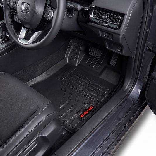 Haseen Honda Civic RS 2022-2026 9D TPE car floor mats installed – black mats with red Civic logo, Pakistan