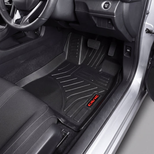 Haseen Honda Civic X 2016-2021 9D TPE car floor mats installed – black custom fit waterproof mats, Pakistan
