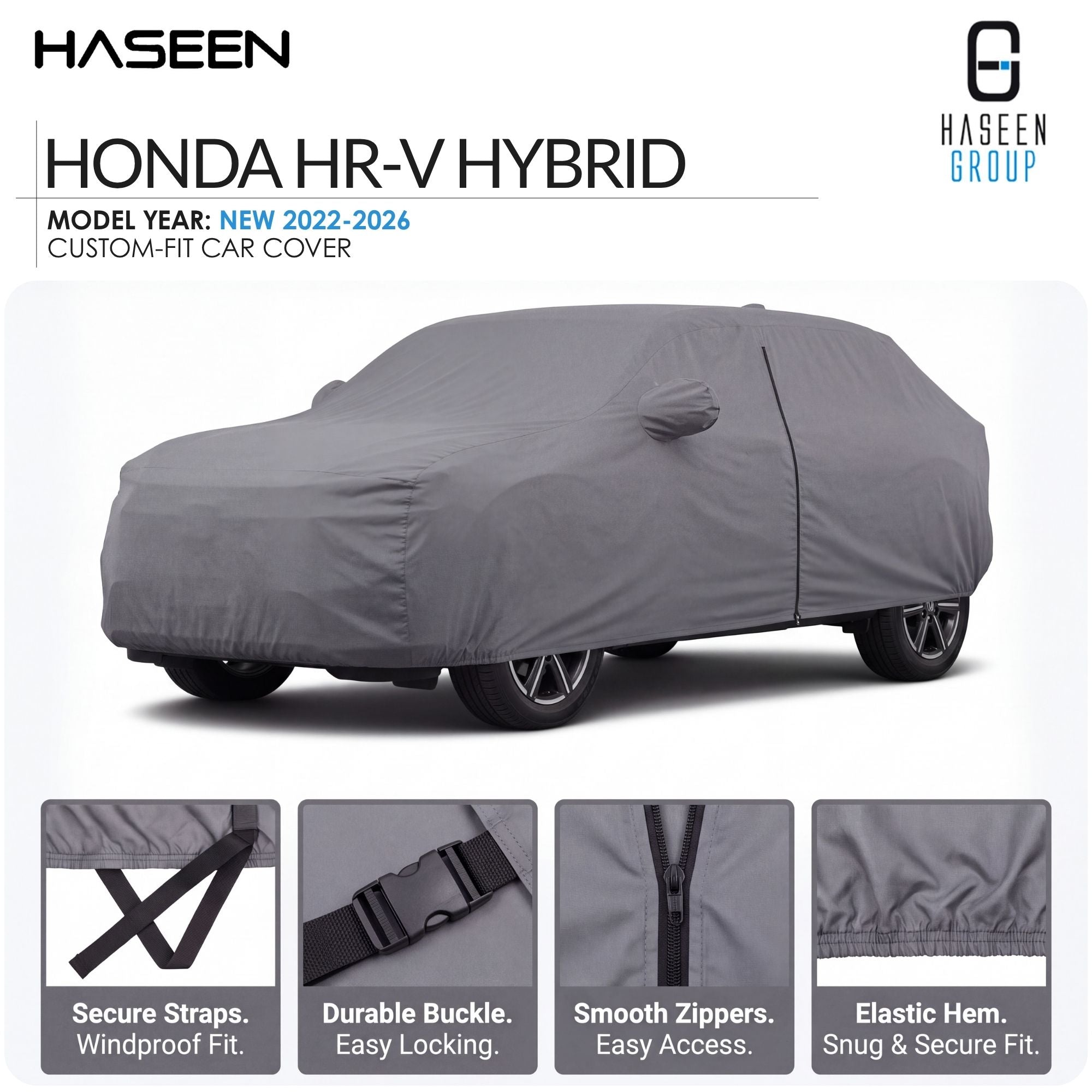 A gray custom-fit car cover shown on a Honda HR-V Hybrid, with feature callouts and close-up detail panels at the bottom. The Haseen brand logo is visible at the top.