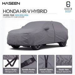 A gray custom-fit car cover shown on a Honda HR-V Hybrid, with feature callouts and close-up detail panels at the bottom. The Haseen brand logo is visible at the top.
