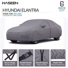 A gray Hyundai Elantra custom-fit car cover shown on a white background, with brand text at top and four feature callout panels along the bottom describing secure straps, durable buckle, smooth zippers, and elastic hem.
