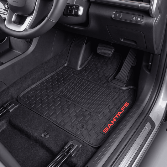 Haseen Hyundai Santa Fe latex rubber PVC car floor mats installed – black mats with red Santa Fe logo, Pakistan