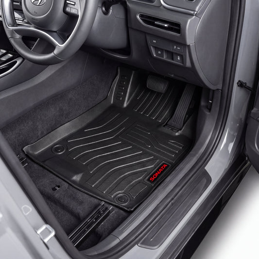 Haseen Hyundai Sonata 2021-2024 9D TPE car floor mats installed – black ribbed custom fit mats, Pakistan