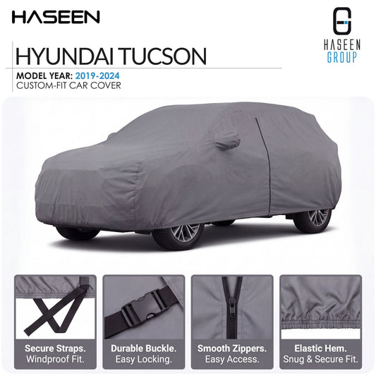 A gray custom-fit car cover shown on a Hyundai Tucson, with brand logos for HASEEN and Hyundai at the top and four feature close-up panels along the bottom highlighting secure straps, durable buckle, smooth zippers, and elastic hem.