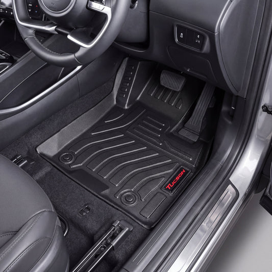 Haseen Hyundai Tucson 2019-2024 9D TPE car floor mats installed – black heavy duty mats with red Tucson logo, Pakistan