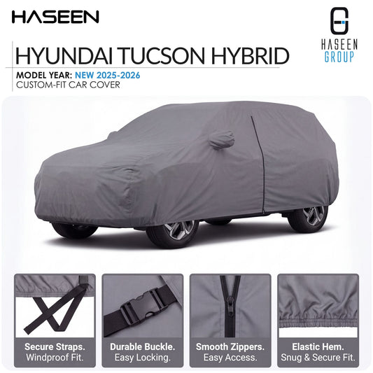 A gray custom-fit car cover on a Hyundai Tucson Hybrid, shown on a white background with HASEEN branding and feature callout panels along the bottom.
