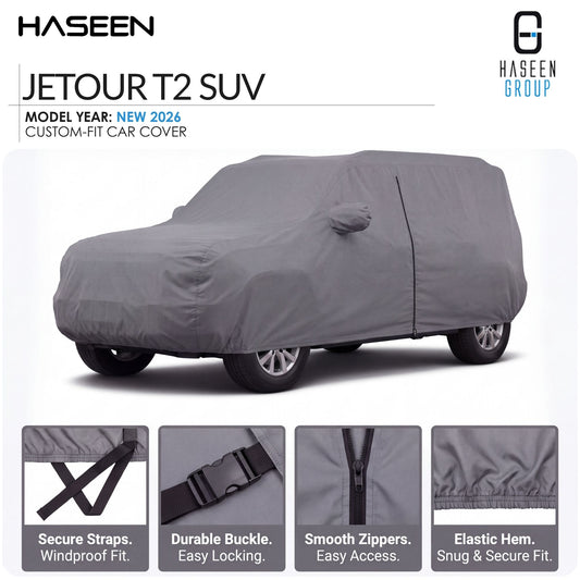 A gray custom-fit car cover shown on a white SUV, with HASEEN branding and text reading 'JETOUR T2 SUV' and feature callouts along the bottom.