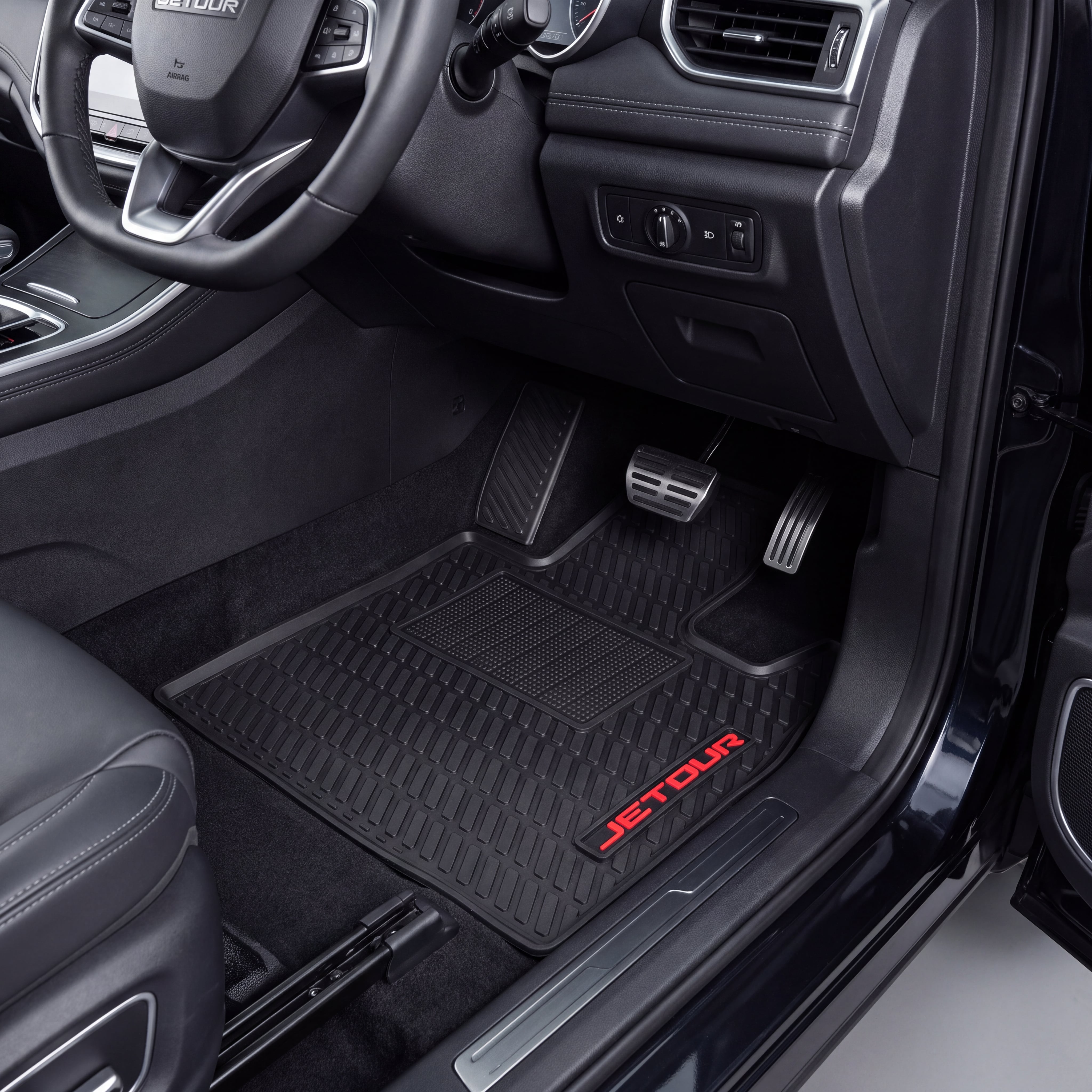 Haseen Jetour X70 latex rubber PVC car floor mats installed – black mats with red Jetour logo, Pakistan