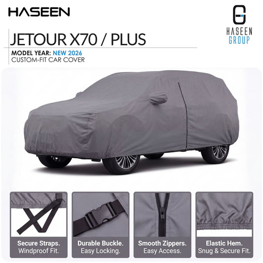 A gray car cover fitted over a vehicle, shown on a white background with HASEEN branding and feature callout panels at the bottom. Text reads 'JETOUR X70 / PLUS' and 'MODEL YEAR: NEW 2026 CUSTOM-FIT CAR COVER.
