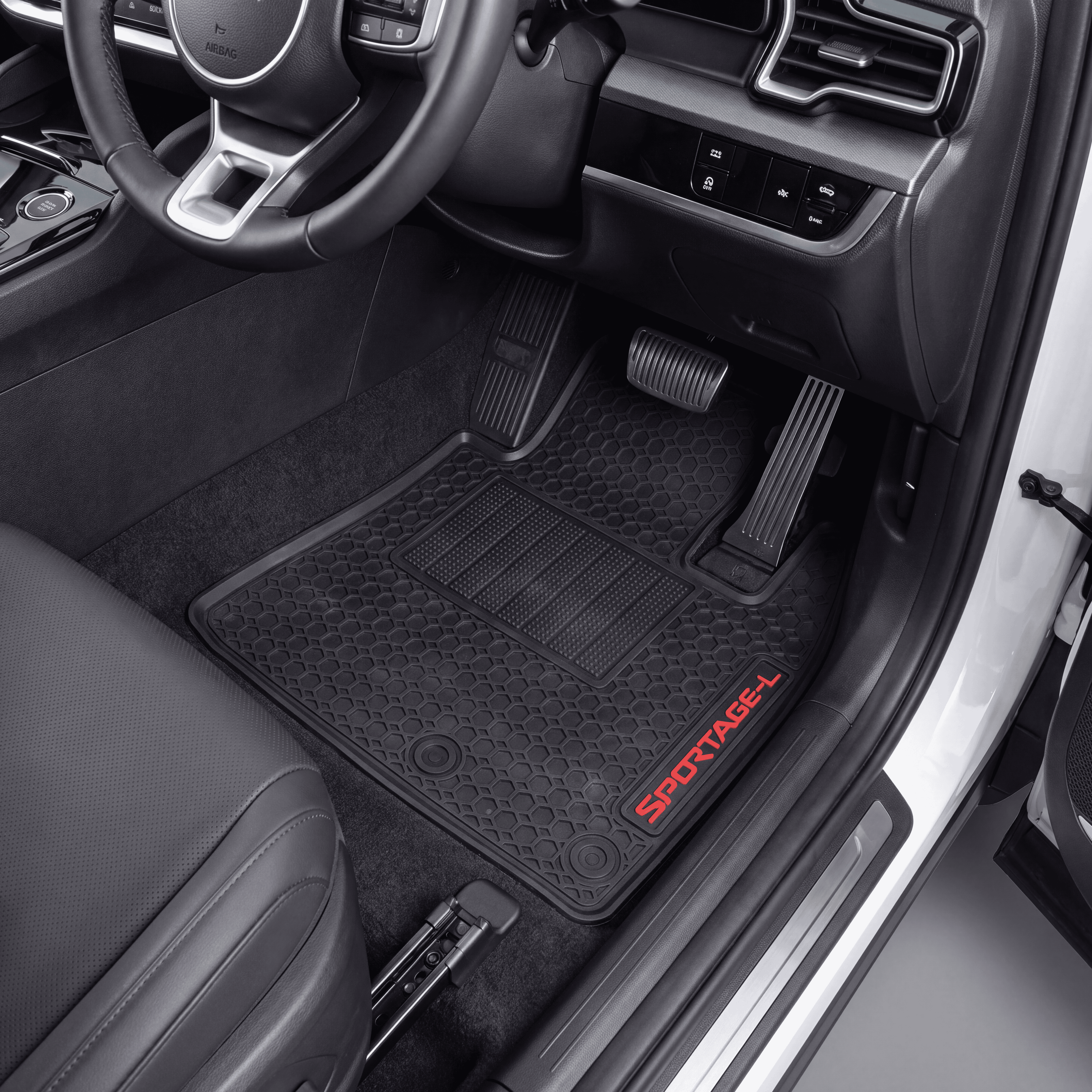 Black rubber car floor mats with a honeycomb pattern and red SPOTTAGEEL branding, shown installed in the front of a vehicle interior.