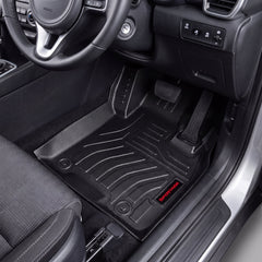 Haseen Kia Sportage 9D TPE car floor mats installed – black ridged custom fit mats with red Sportage logo, Pakistan