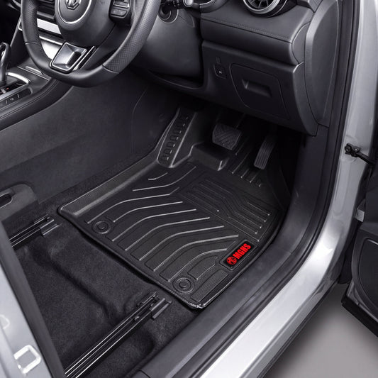 Haseen MG HS 9D TPE car floor mats installed – black custom fit mats with red MG logo, Pakistan