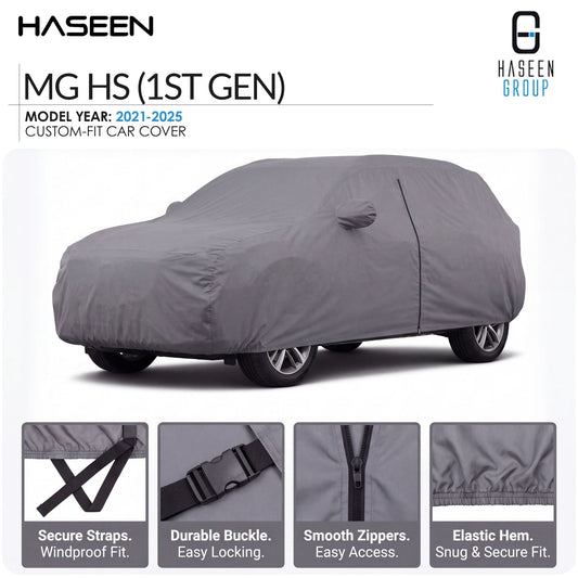 A gray custom-fit car cover shown on a car, with HASEEN branding and feature callouts for MG HS (1st Gen) model year 2021-2025. Four small inset detail panels at the bottom show secure straps, durable buckle, smooth zippers, and elastic hem.