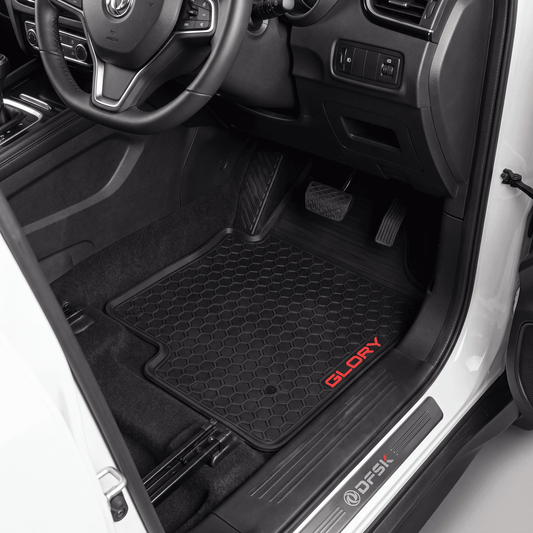 Haseen Prince DFSK Glory 580 2020-2026 latex rubber PVC car floor mats installed – black mats with red Glory logo, Pakistan