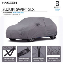 A gray custom-fit car cover fitted over a Suzuki Swift GLX, shown on a white background with Haseen branding and feature callout panels along the bottom.