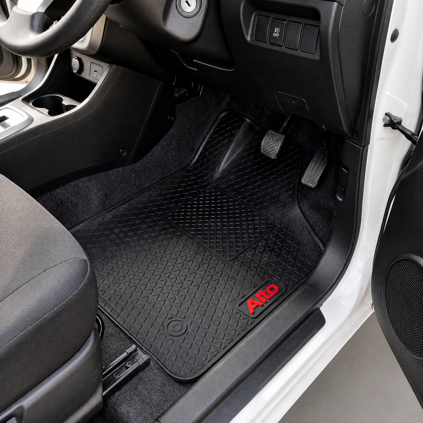 Haseen Suzuki Alto 2018-2026 latex rubber PVC car floor mats installed in car – black custom fit anti-slip mats with red Alto logo, Pakistan