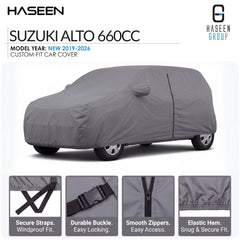 A gray custom-fit car cover shown on a white background, with the text 'SUZUKI ALTO 660CC' and 'HASEEN' branding. Four feature callout panels at the bottom highlight secure straps, durable buckle, smooth zippers, and elastic hem.