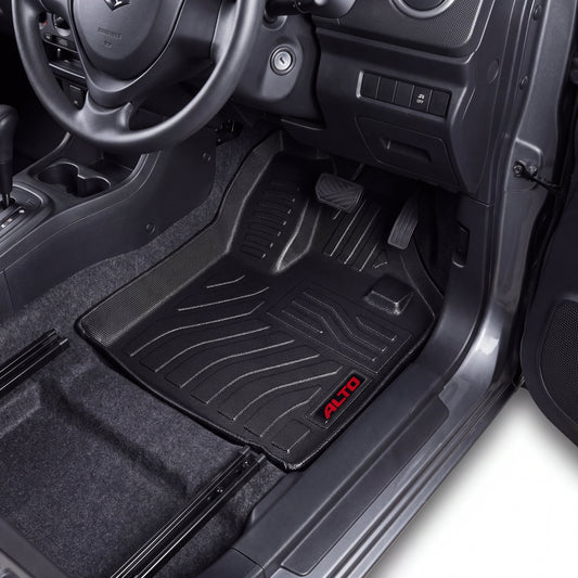 Haseen Suzuki Alto 660cc 9D TPE car floor mats installed – black mats with red Alto logo, Pakistan