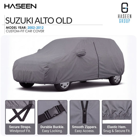 A gray custom-fit car cover shown on a white background, with text identifying it as a Haseen Suzuki Alto Old model year 2002-2012 cover. Four inset detail panels at the bottom highlight features like secure straps, durable buckle, smooth zippers, and elastic hem.