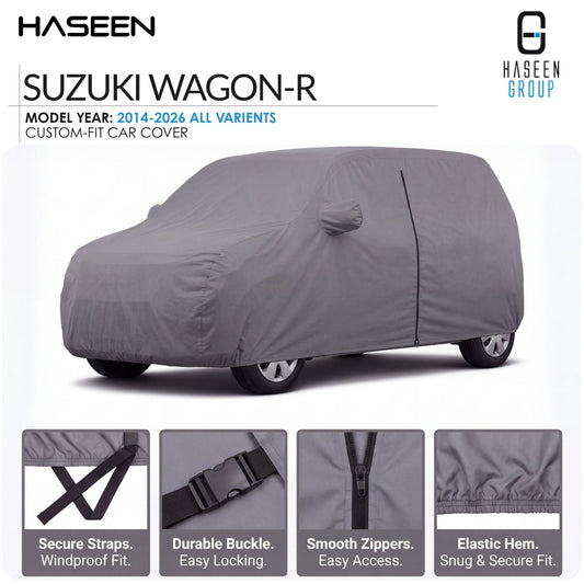 A gray custom-fit car cover shown on a Suzuki wagon-R, with HASEEN branding and feature callout panels along the bottom describing straps, buckle, zippers, and hem.