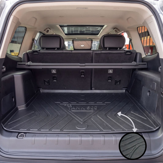 Black custom-fit trunk mat installed in the boot of a Tank 500 PHEV 5 Seater