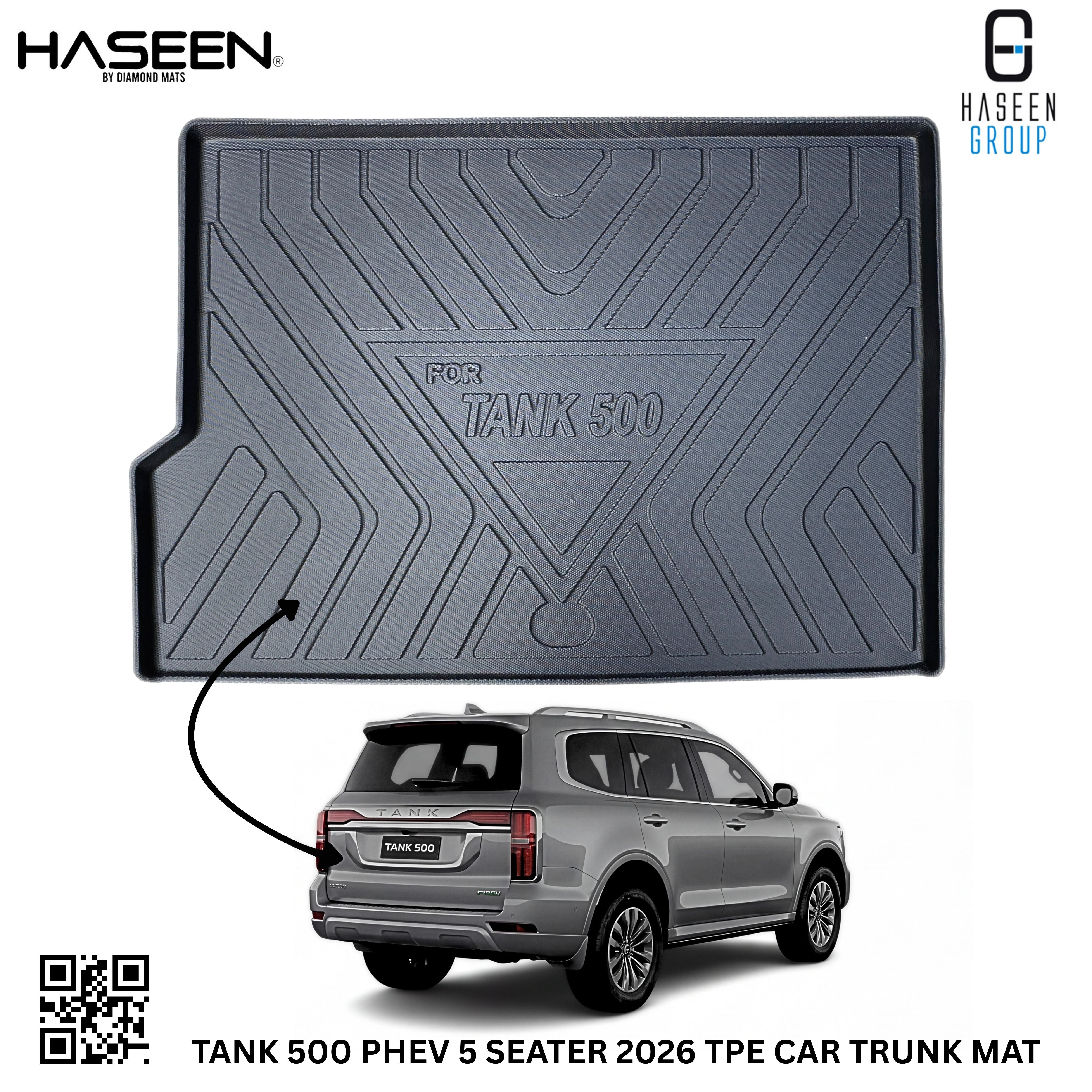 Tank 500 PHEV 5 Seater trunk mat top view on white background showing embossed Tank 500 logo