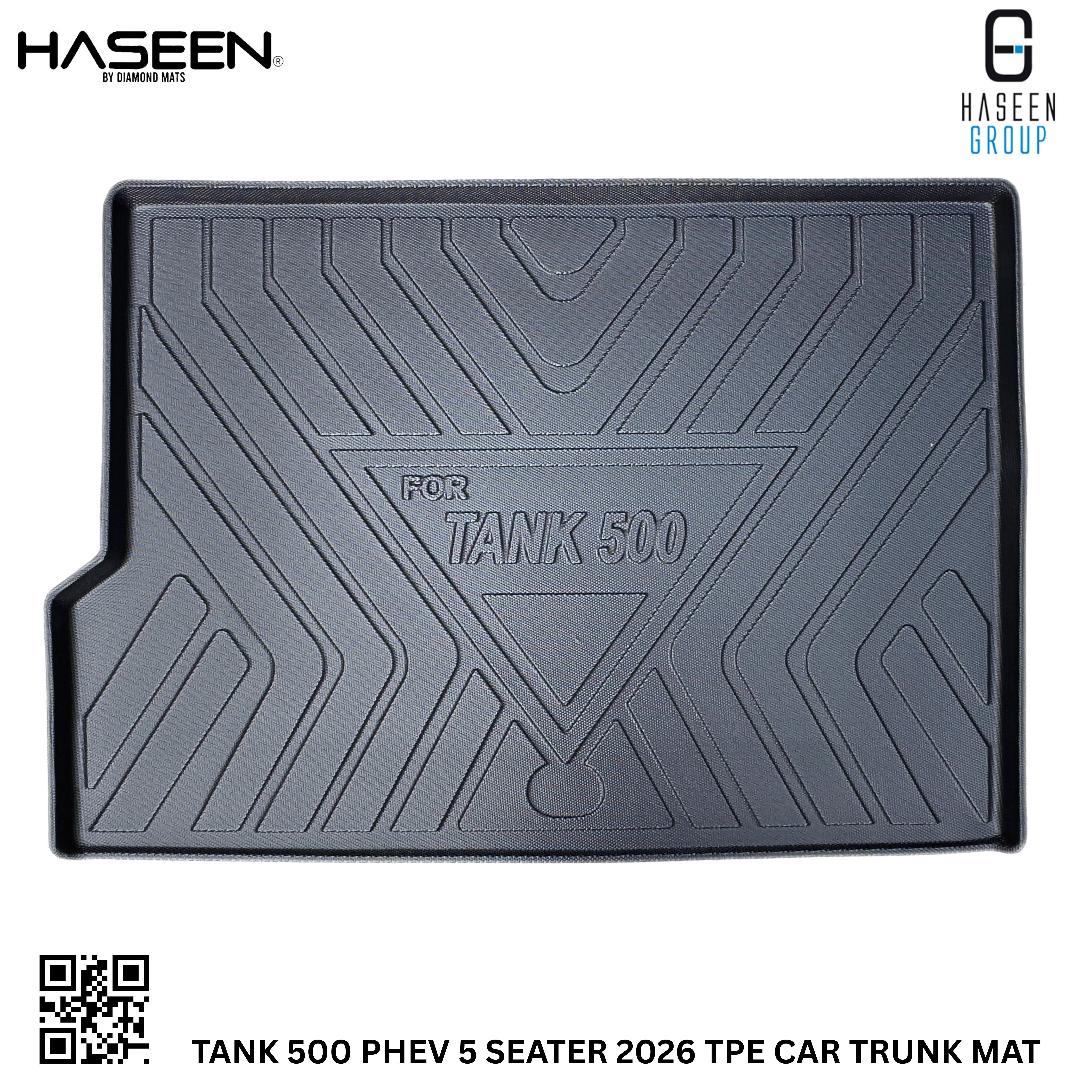 Luggage placed on a black trunk liner in a Tank 500 PHEV 5 Seater boot by Haseen Mats