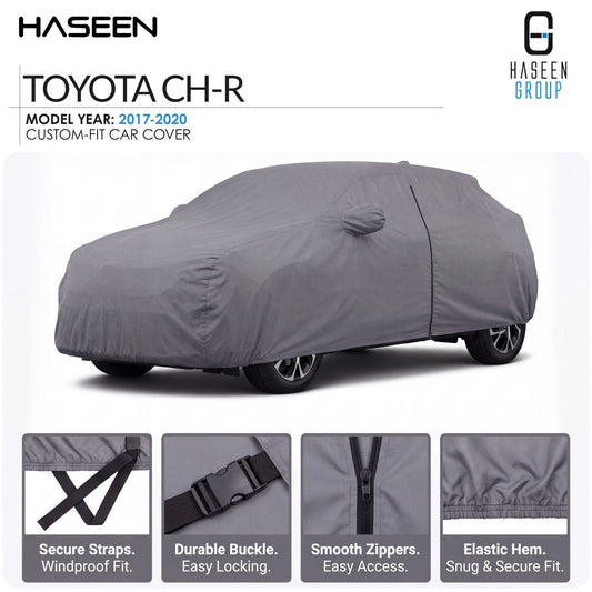 A gray custom-fit car cover shown on a Toyota CH-R model, with HASEEN branding and feature callout panels along the bottom. The cover fits the vehicle closely and is presented on a clean white background with product text and icons.