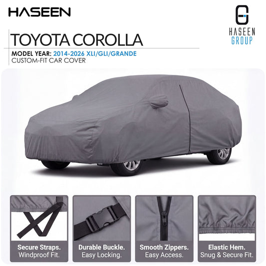 A gray custom-fit car cover shown on a white background, with the text 'TOYOTA COROLLA' and model years listed at the top. Four feature callout panels at the bottom describe secure straps, durable buckle, smooth zippers, and elastic hem.