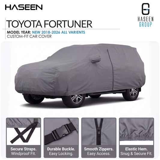 A gray custom-fit car cover on a Toyota Fortuner, shown on a white background with Haseen branding and feature callout panels at the bottom.