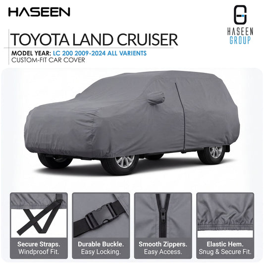 A gray car cover fitted over a car, shown on a white background with HASEEN branding and feature callouts for the Deepal S07 Electric model year 2026 custom-fit car cover.