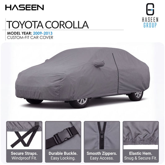 A gray custom-fit car cover shown on a white background, labeled for a 2009-2013 Toyota Corolla. The image includes Haseen Group branding and four feature callout panels at the bottom highlighting secure straps, durable buckle, smooth zippers, and elastic hem.
