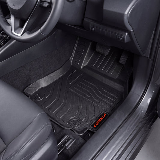 Haseen Toyota Corolla 2014-2026 9D TPE car floor mats installed – black heavy duty waterproof mats, Pakistan